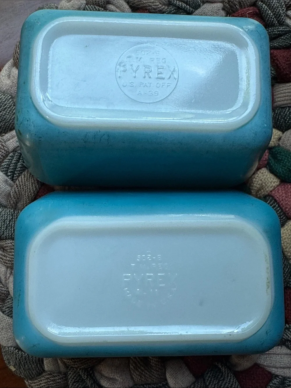 Set of Two Pyrex #502-B Primary Blue Milk Glads Refrigerator Dishes